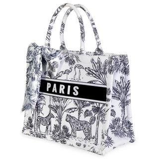 Canvas Paris Medium Tote bag with printed jungle black & white safari theme & matching bow